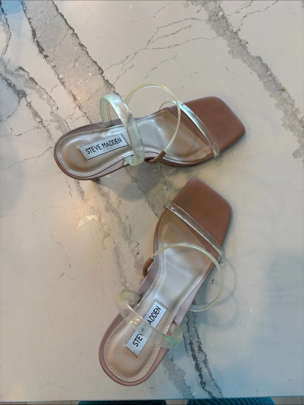 Steve Madden Tan Square-Toe Sandals with Clear Straps